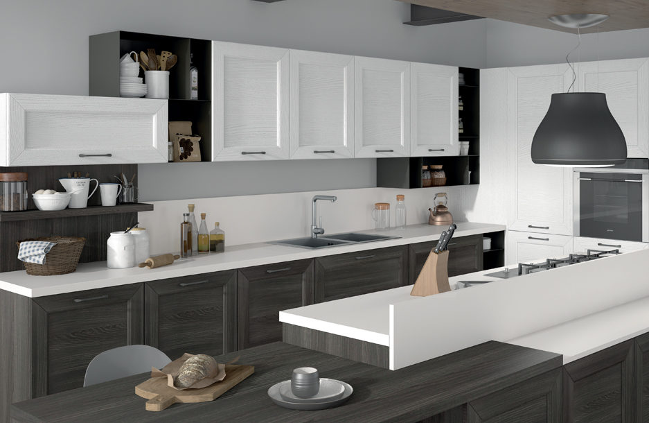 sanasi cucine collezione divina cucina contemporanea Composizione in Frassino Tinto Carbonio e Frassino Tinto Bianco lecce san pancrazio salentino dubai brindisi
