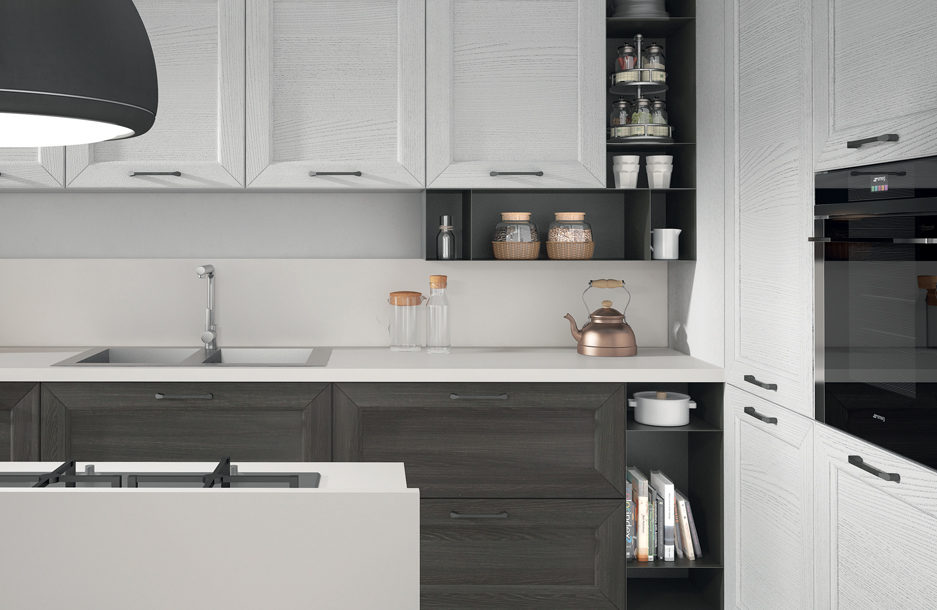 sanasi cucine collezione divina cucina contemporanea Composizione in Frassino Tinto Carbonio e Frassino Tinto Bianco san pancrazio salentino brindisi dubai lecce